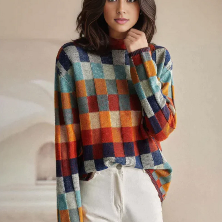 Adalynn™ | Farverig rullekravetrøje med patchwork-mønster