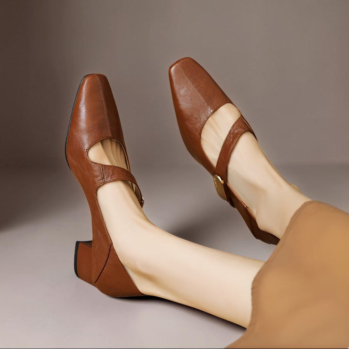 Quera | Chiseled Square-Toe Mary Jane Pump with Gold Bit