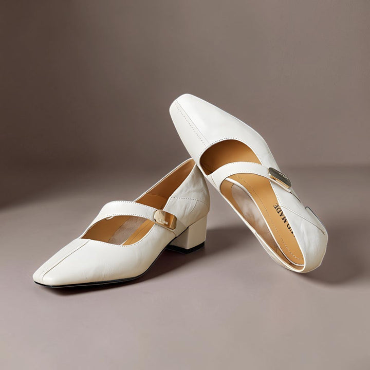 Quera | Chiseled Square-Toe Mary Jane Pump with Gold Bit